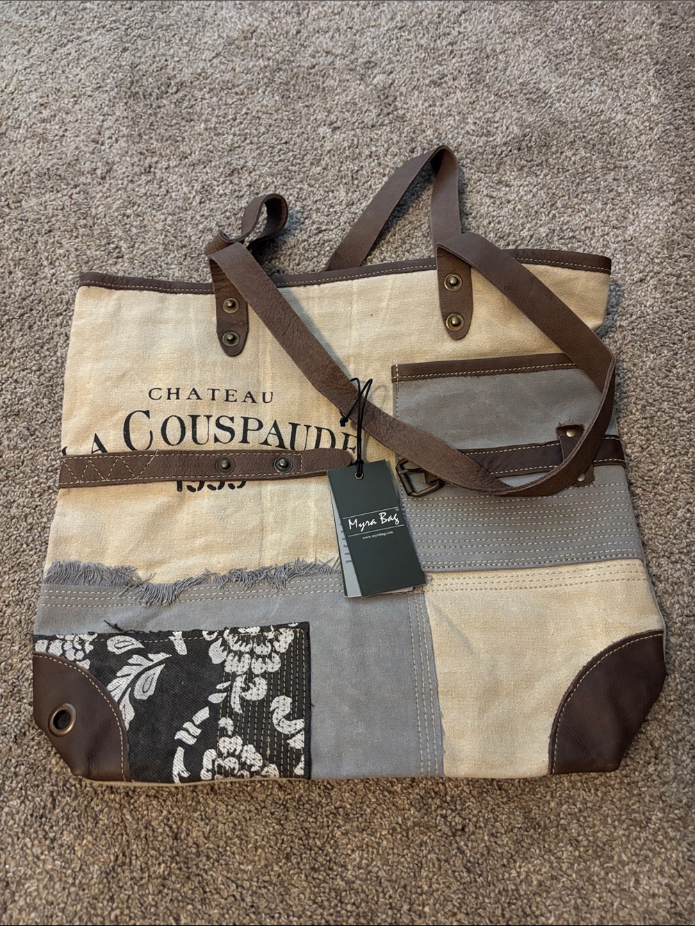 Myra Bag Beige, Brown & Gray Patchwork Canvas Duffel
